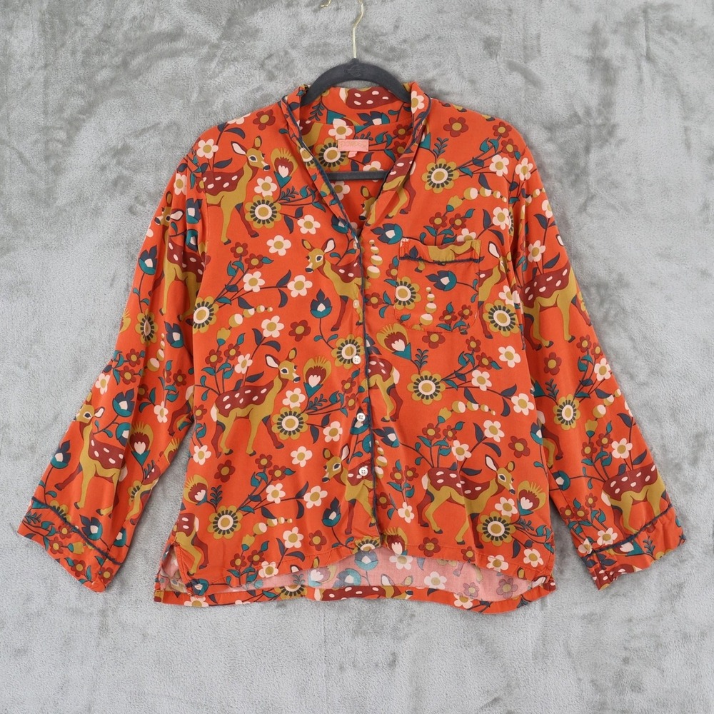 Powder Deer Floral Pajama Top Womens M Orange‎ Fauna Cabincore Indie Boho Twee